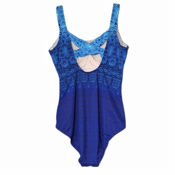 Lands End Blue Mosaic Underwire 1 Piece Swimsuit Beach Pool 10 - Picture 3 of 6